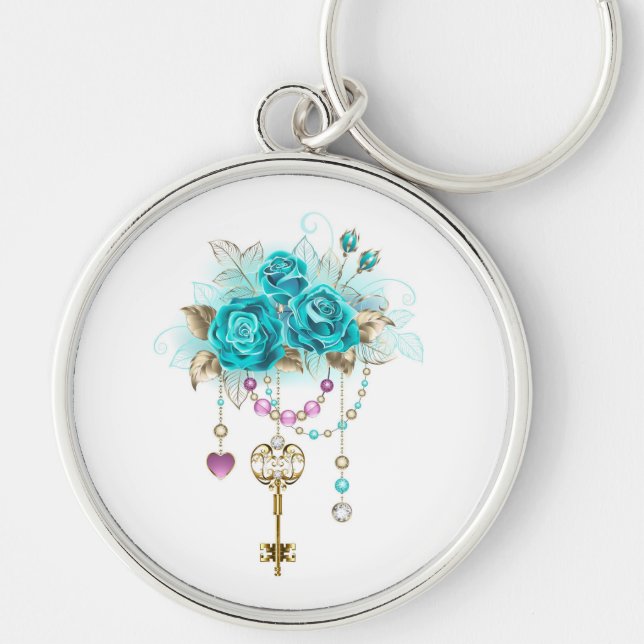 Porte-clés Roses turquoise avec touches (Devant)