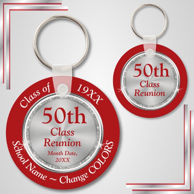 Porte-clés Rouge, Blanc, Coutume Argent, Souvenirs Réunion Cl (50th Class Reunion Party Favors. Red, White and Silver, High School Reunion Ideas. 50th Reunion. )