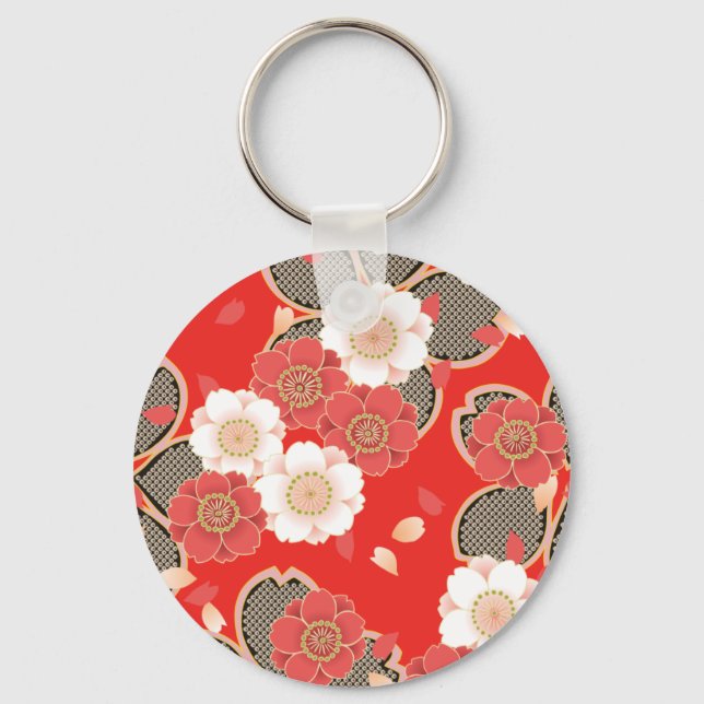 Porte-clés Rouge et blanc Sakura Japonais Kimono (Recto)