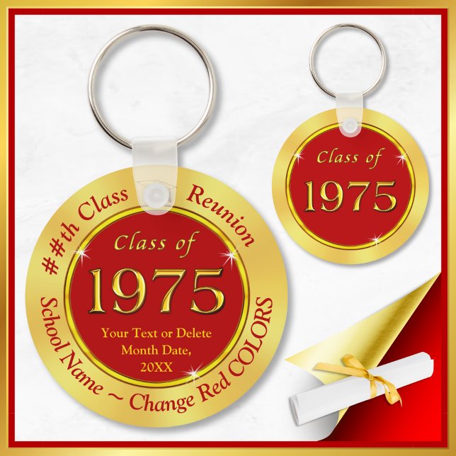 Porte-clés Rouge et Or, Classe 75, Classe de Faveurs Réunion, (Class of 1975 Reunion. Red and Gold, 50th class reunion party favors. Party Favors for, Class of '75)