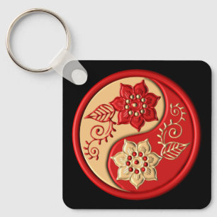 Porte-clés Rouge et Or Fleur Yin Yang