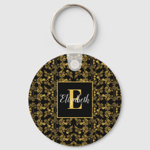 Porte-clés Royal Black & Gold Damassé Fleur Personnalisé Nom