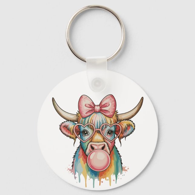 Porte-clés Ruban Coquette Rose Vache Highland Bubble Gum (Recto)