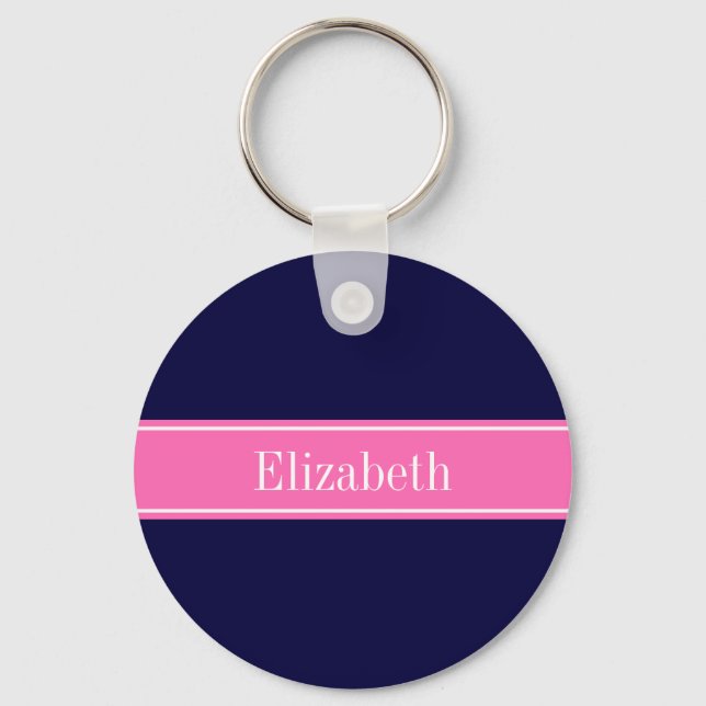 Porte-clés Ruban Monogramme Navy Blue uni Rose Chaude #2 Nom (Recto)