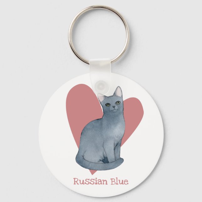 Porte-clés Russe Bleu Chat Aquarelle Kitty Coeur rose (Recto)
