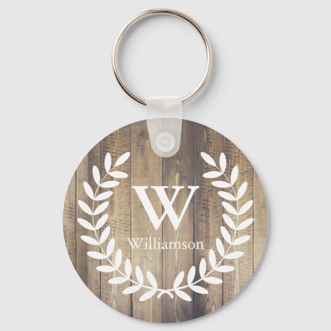 Porte-clés Rustic Barn Wood & White Country Laurels Monogram (Recto)
