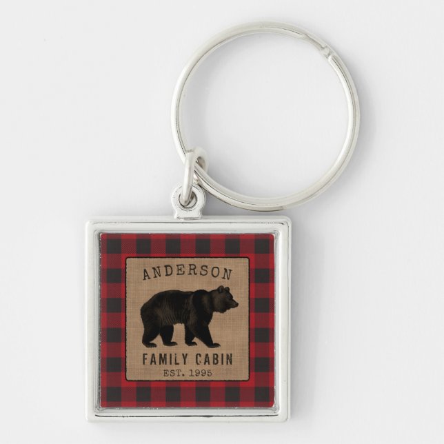 Porte-clés Rustic Bear Famille Cabine Red Buffalo Plaid Carré (Devant)