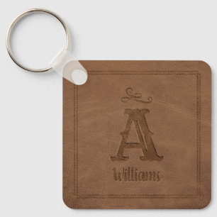 Porte-clés Rustic Brown Faux Leather Custom Monogram Name Key