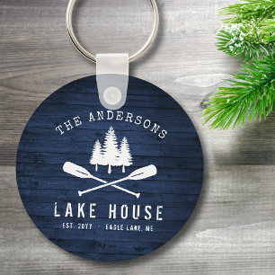 Porte-clés Rustic Lake House Oars Trees Blue Wood Print Round