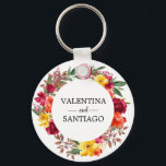 Porte-clés Rustique Automne Floral Mariage Faveur<br><div class="desc">Des fleurs d'automne lumineuses et colorées créent une belle et élégante couronne rustique. Roses rouges bourguignonnes et fleurs rose vif,  orange et rose</div>
