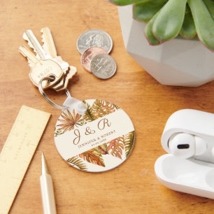Porte-clés Rustique Automne laisse Monogramme Mariage ronde