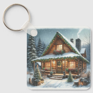Porte-clés Rustique hiver/Noël cabine enneigé