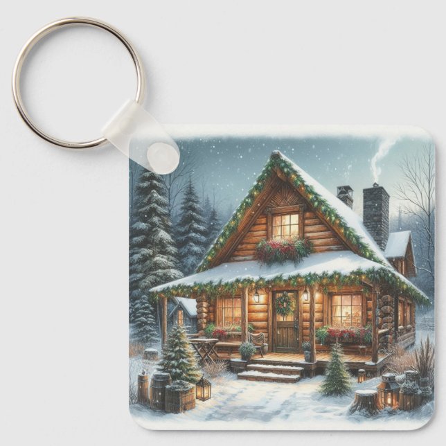 Porte-clés Rustique hiver/Noël cabine enneigé (Recto)