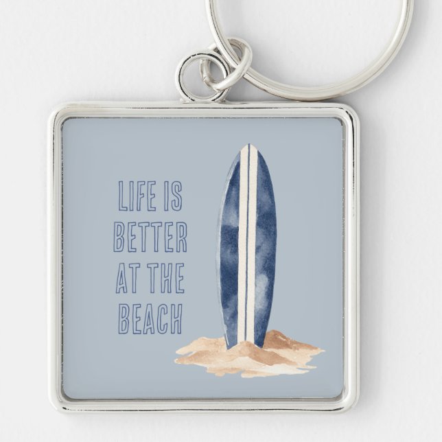 Porte-clés Sable de plage côtière bleu blanc planche de surf (Devant)