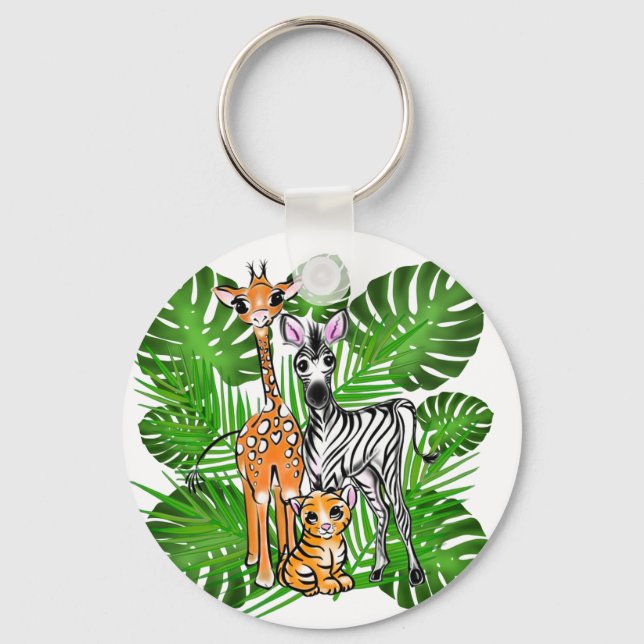 Porte-clés Safari friends, giraffe, zebra, tiger, palm leaves (Recto)
