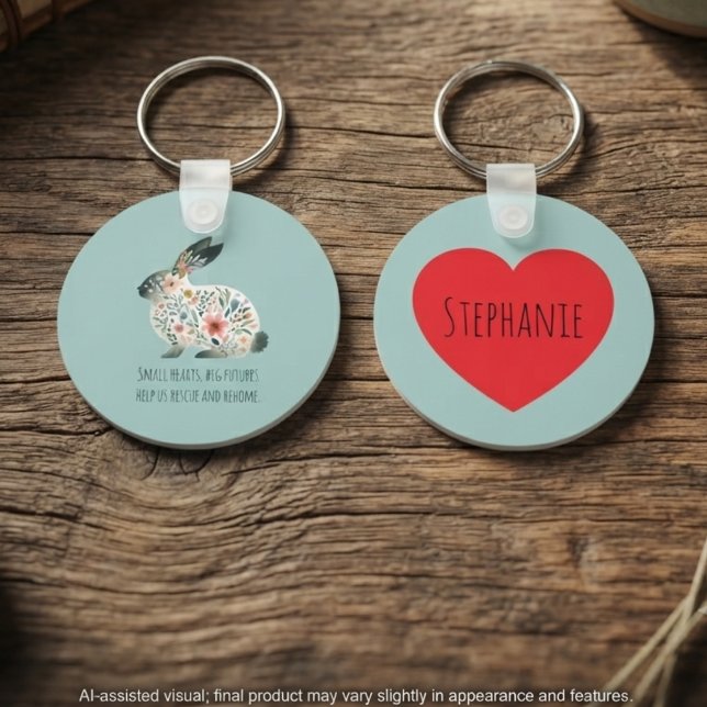 Porte-clés Sage Floral Rabbit Rescue Advocate Gift (Personalized rabbit rescue keychain with floral bunny art and heart, for supporters and advocates.)