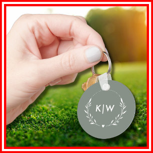 Porte-clés Sage vert et blanc   Monogramme des initiales mode