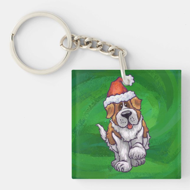 Porte-clés Saint Bernard mignonne à Santa Chapeau sur Vert (Devant)