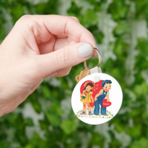 Porte-clés Saint-Valentin Rétro, Cœurs de Fille et de Garçon 