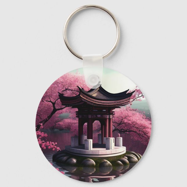 Porte-clés Sakura Cherry Blossom Garden Shrine Pond Japonais (Recto)