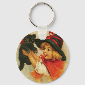 Porte-clés Salutations d'Halloween d'une fille et de son chat