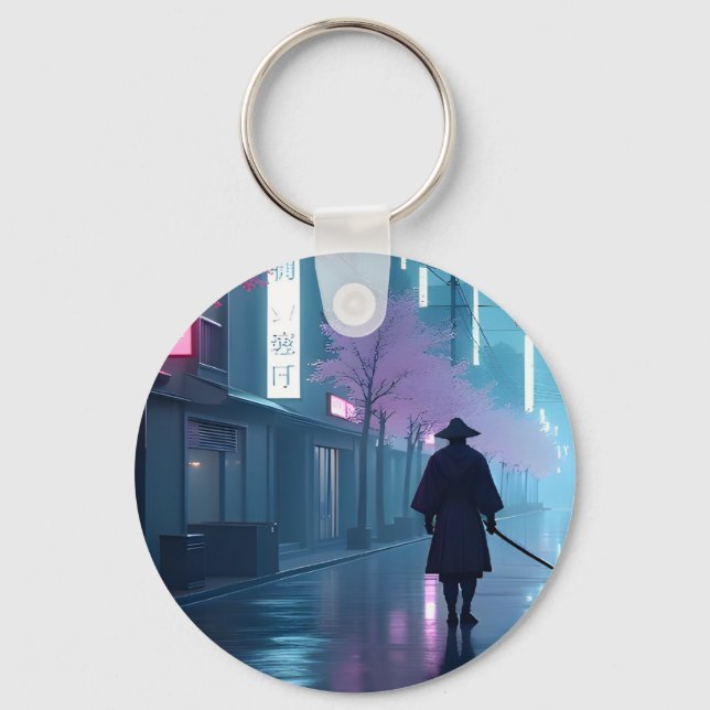Porte-clés Samouraï Néon – Conception Rétro Anime  (Recto)