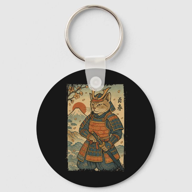 Porte-clés Samurai Chat Warrior Japonais Ukiyo-e Artwork Chat (Recto)