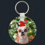 Porte-clés Santa Hat Bulldog Christmas Tree Snowman boîte cad<br><div class="desc">Mignonne photo Bulldog avec boîte cadeau de Noël Tree Snowman en arrière - plan. Un cadeau parfait pour Noël !</div>
