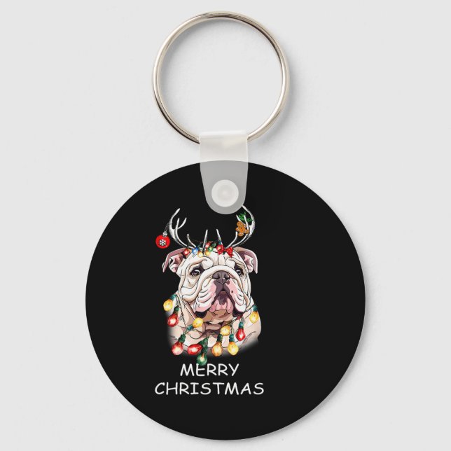 Porte-clés Santa Reindeer English Bulldog Dog Christmas Light (Recto)
