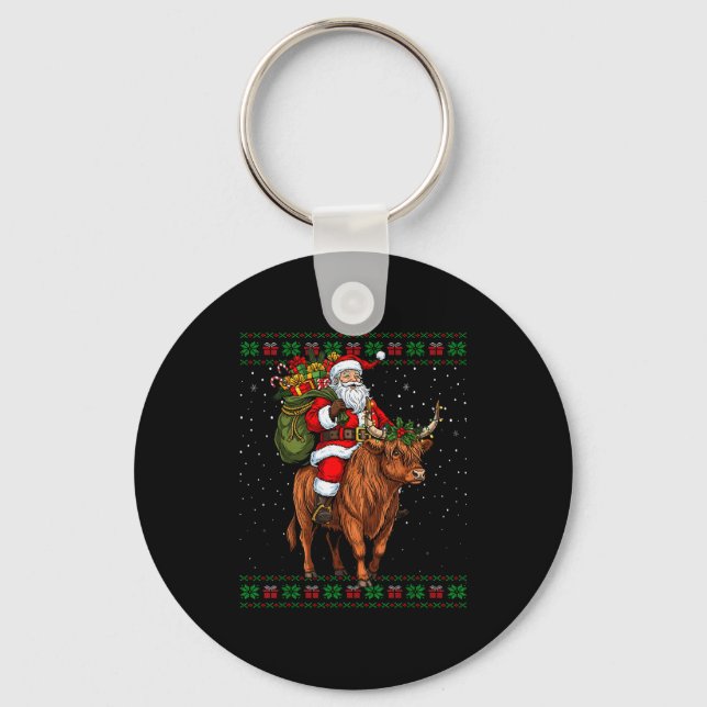 Porte-clés Santa Riding Highland Cow Ugly Christmas Sweater  (Recto)