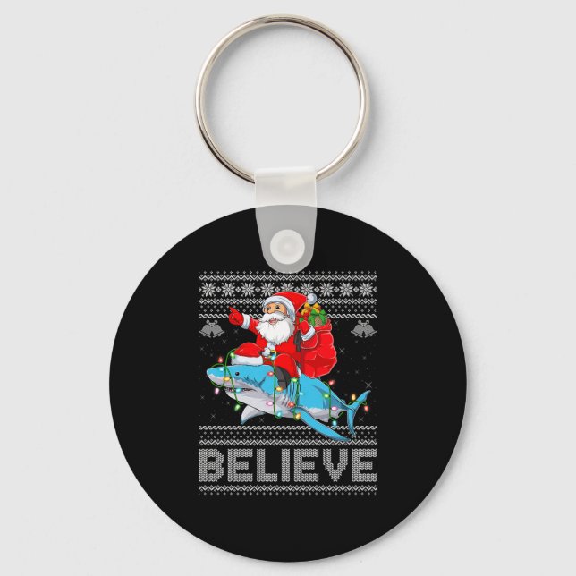 Porte-clés Santa Riding Shark Ugly Christmas Sweater Believe  (Recto)