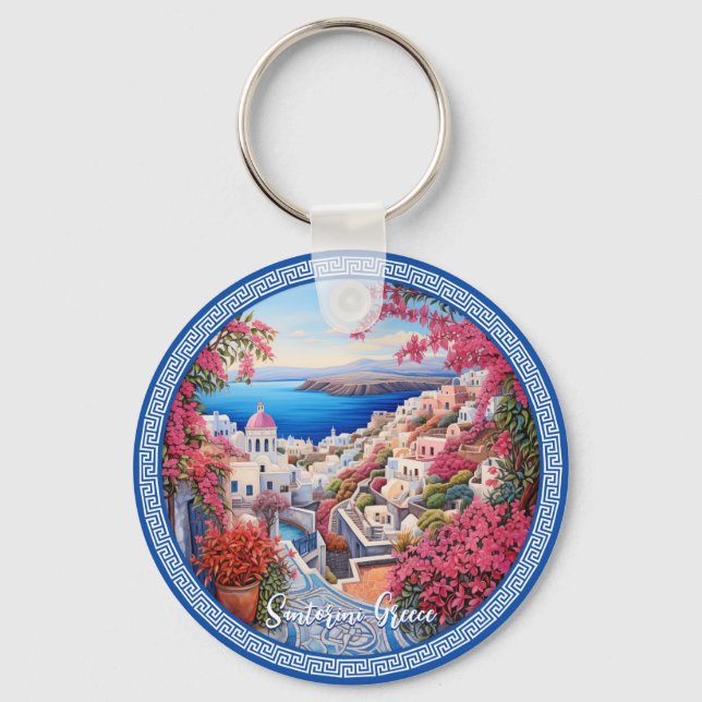 Porte-clés Santorin Grèce Bougainvillea Peinture Voyage (Recto)