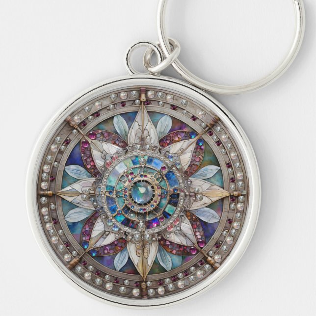 Porte-clés Saphirs roses et bleus Diamants Perles Mandala (Devant)