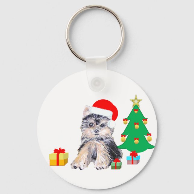Porte-clés Sapin de Noël, chiot Yorkshire & cadeaux (Recto)