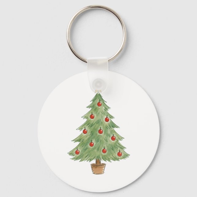 Porte-clés Sapin de Noël en pot avec ornements rouges  (Recto)