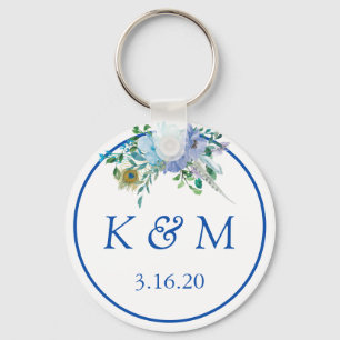 Porte-clés Sapphire Blue Floral Monogramme Mariage Faveur