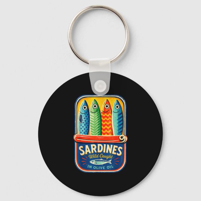 Porte-clés Sardines poisson en conserve graphique rétro d'été (Recto)
