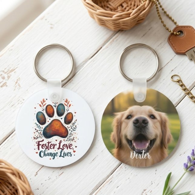 Porte-clés Sauveuse de maman de chien empreinte de patte (Paw print foster dog photo keychain)