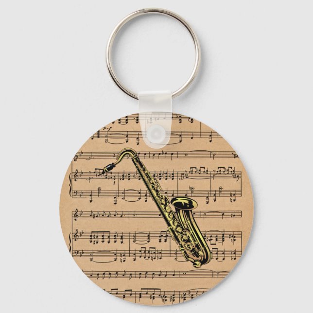 Porte-clés Saxophone ~ Avec Arrière - plan Sheet Music (Recto)
