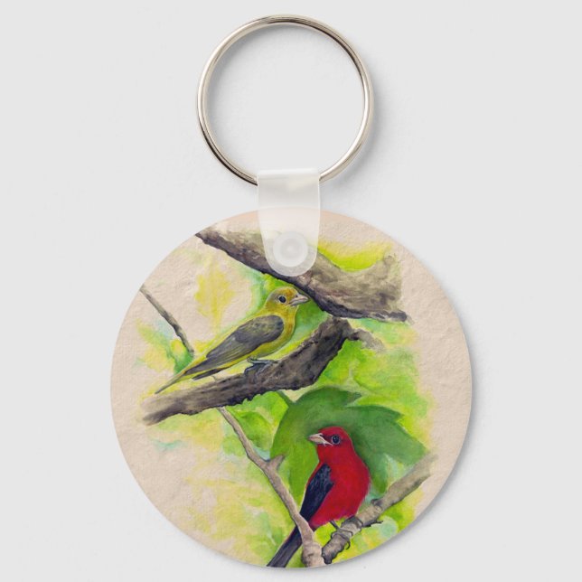 Porte-clés Scarlet Tanagers Oiseaux Aquarelle Peinture (Recto)