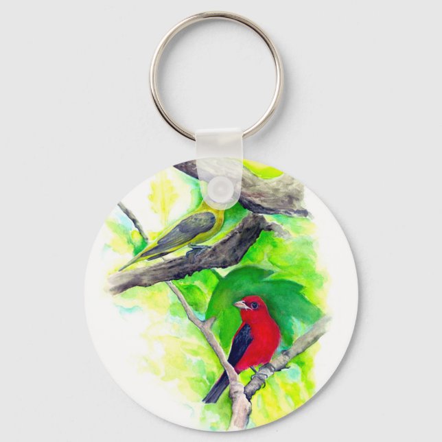 Porte-clés Scarlet Tanagers Oiseaux Aquarelle Peinture (Recto)