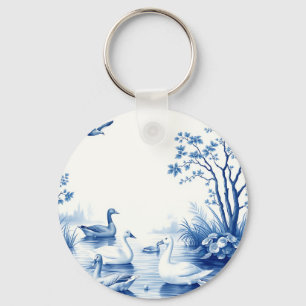 Porte-clés Scène de lac aux cygnes de saule bleu