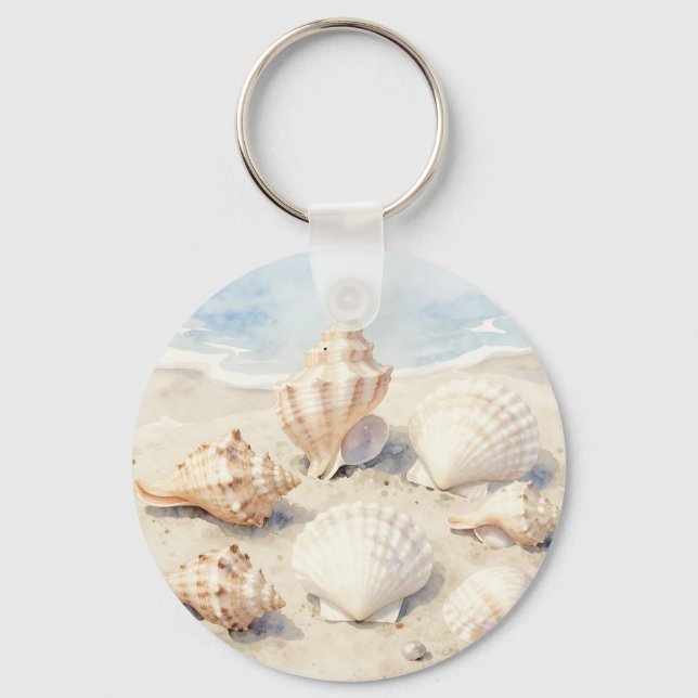 Porte-clés Scène de plage aux coquillages à l'aquarelle (Recto)