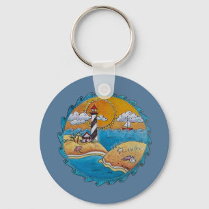 Porte-clés Scène de plage de phare fantaisiste, art folkloriq