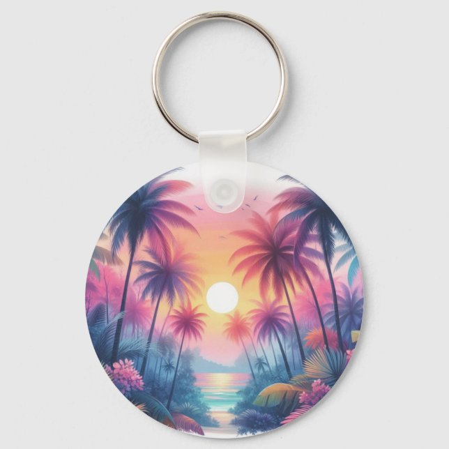 Porte-clés Scène De Plage Tropicale Avec Coucher De Soleil Ro (Recto)