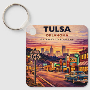 Porte-clés Scène de voyage vintage sur la route 66 à Tulsa Ok