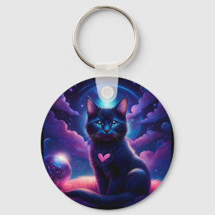 Porte-clés Scène Fantastique Chat Noir Beaux Yeux Bleus
