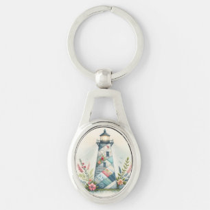 Porte-clés Scène florale côtière du phare patchwork