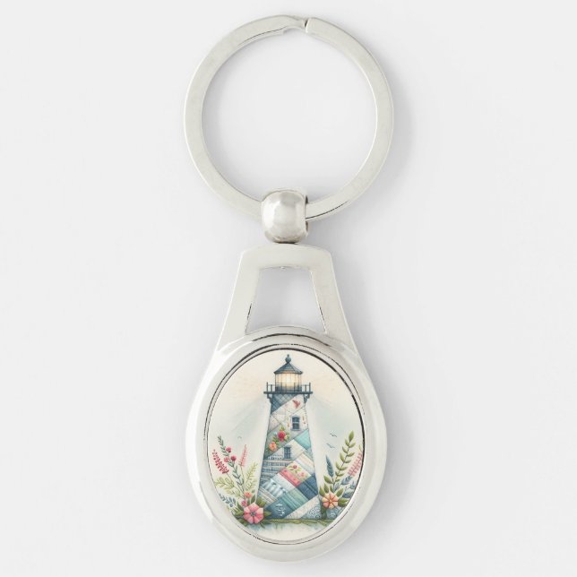 Porte-clés Scène florale côtière du phare patchwork (Devant)