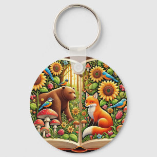 Porte-clés Scène forestière avec ours, renard, tournesols